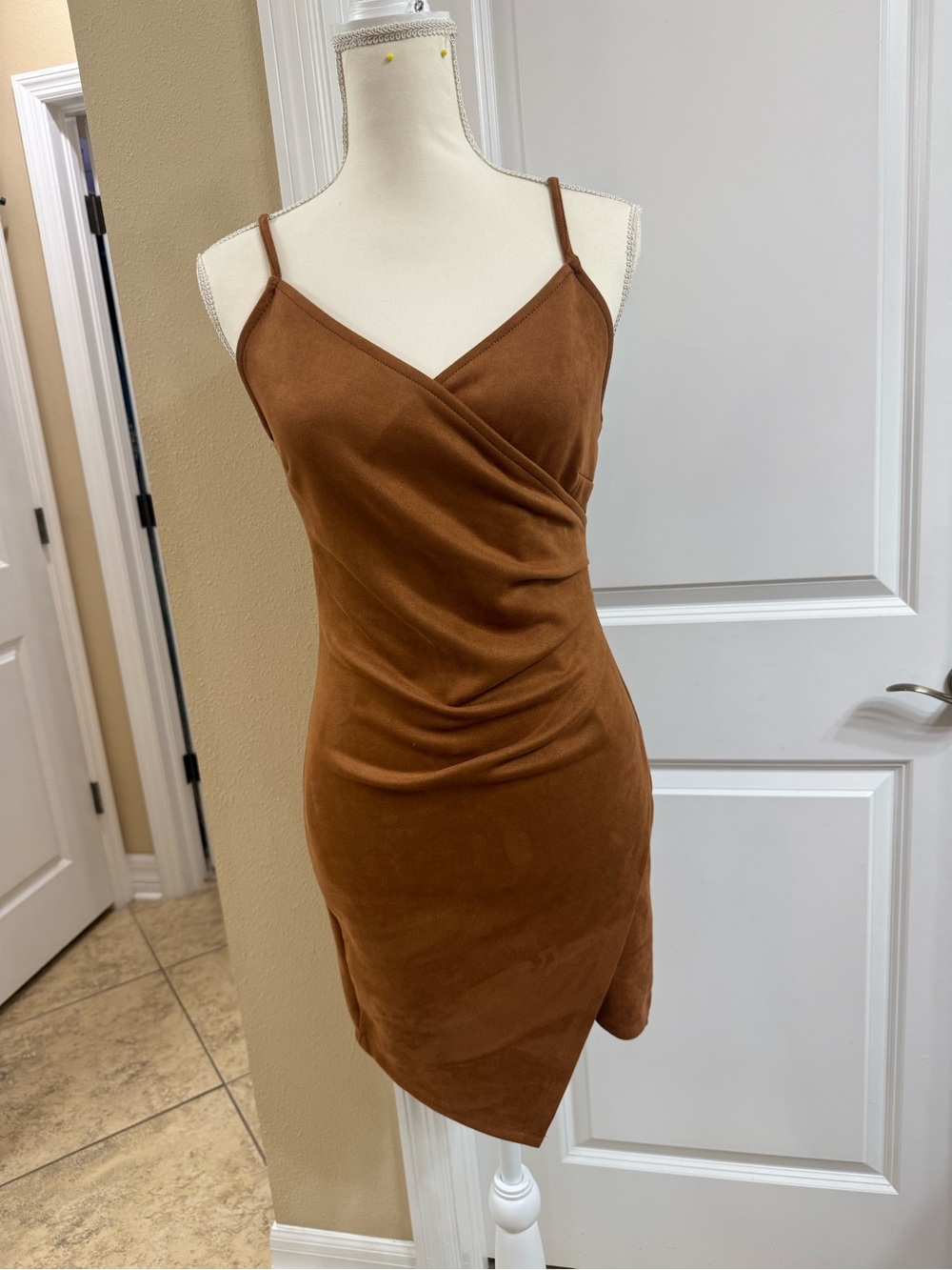 Brown Suede-Look Spaghetti Strap Wrap Dress